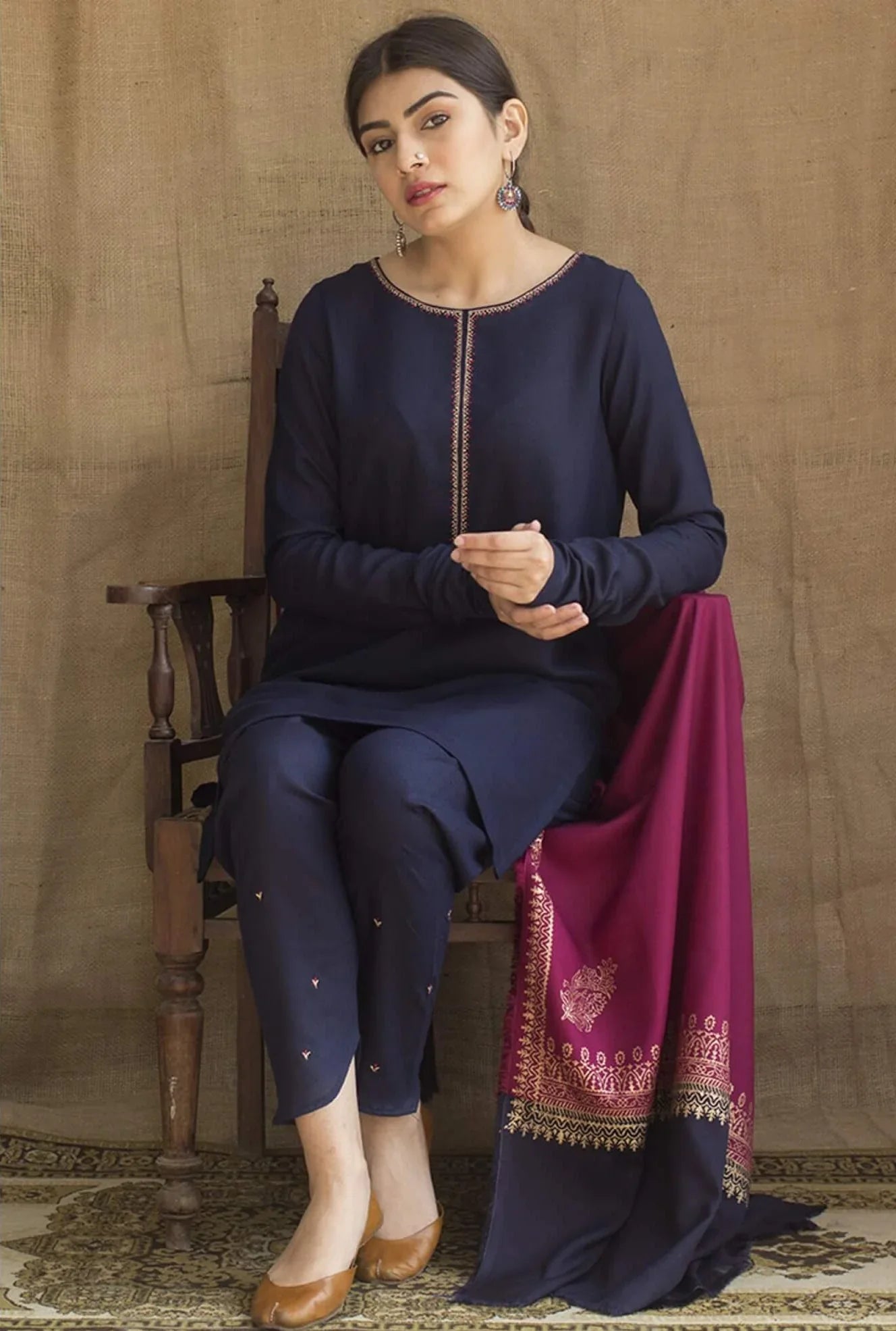 3 Piece Unstitched Heavy Embroidered Dhanak Suit ( Printed Woolen Shwal )