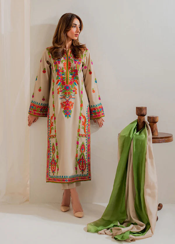 Multi Beige Embroidered 3Pc Suit