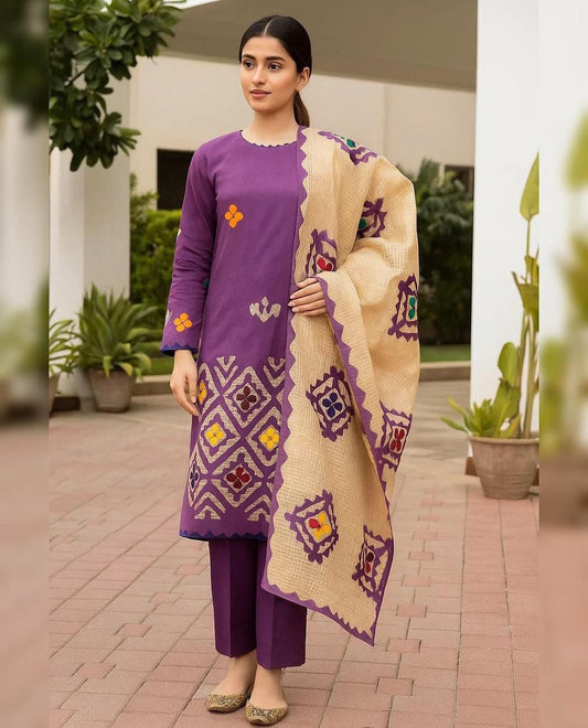 KHADDAR EMBROIDERED APPLIC JAAL WORK UNSTITCED 3pice