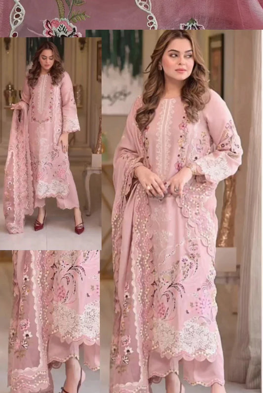3pc Nisa baby pink lawn with luxury patch