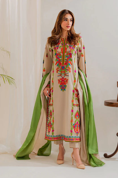Multi Beige Embroidered 3Pc Suit