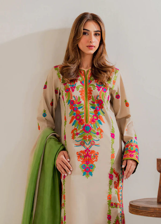Multi Beige Embroidered 3Pc Suit