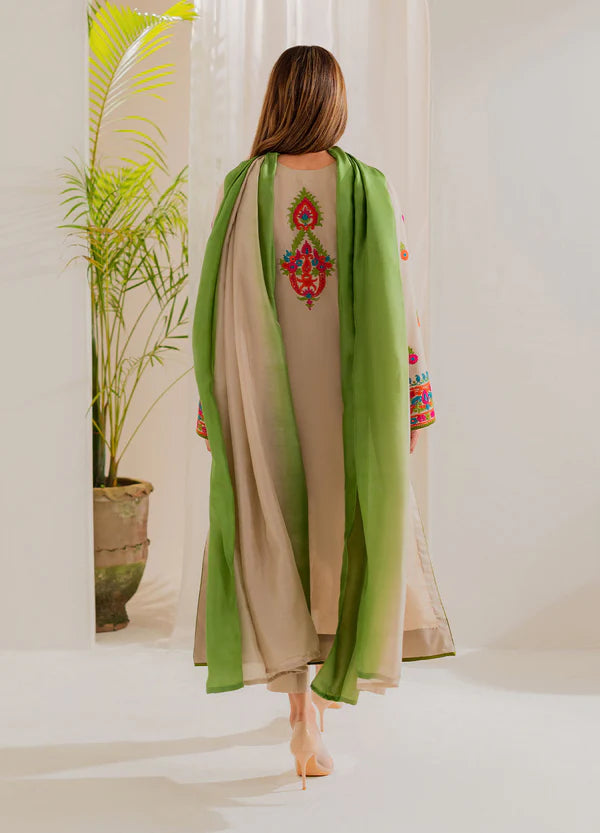 Multi Beige Embroidered 3Pc Suit