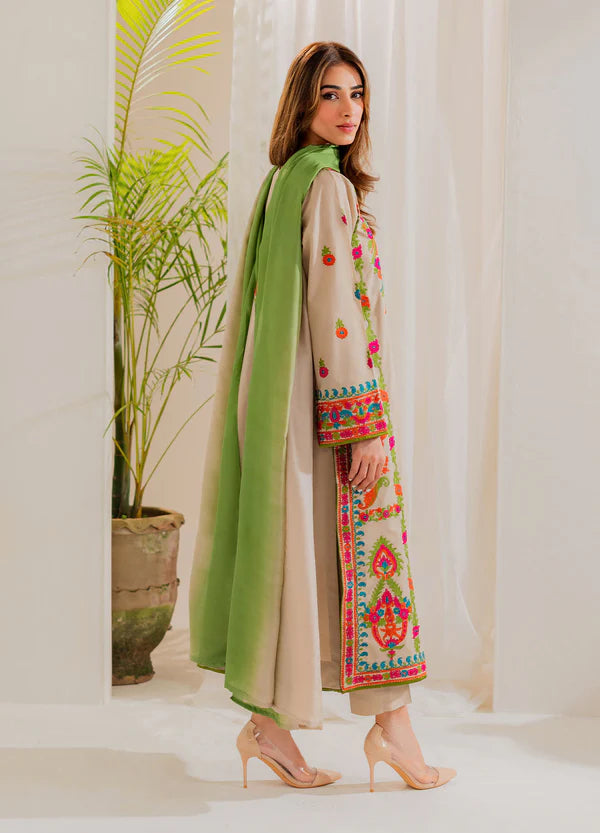 Multi Beige Embroidered 3Pc Suit