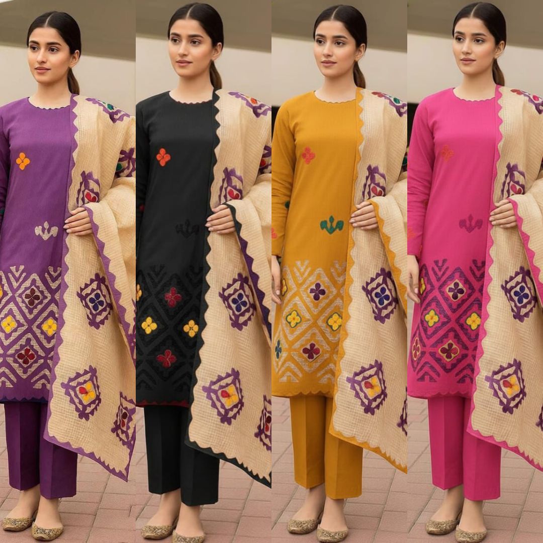 KHADDAR EMBROIDERED APPLIC JAAL WORK UNSTITCED 3pice