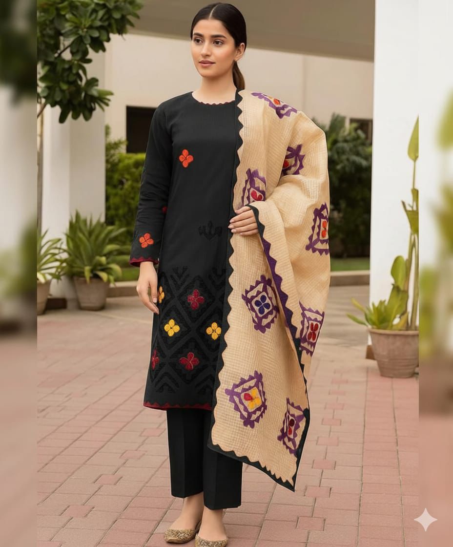 KHADDAR EMBROIDERED APPLIC JAAL WORK UNSTITCED 3pice