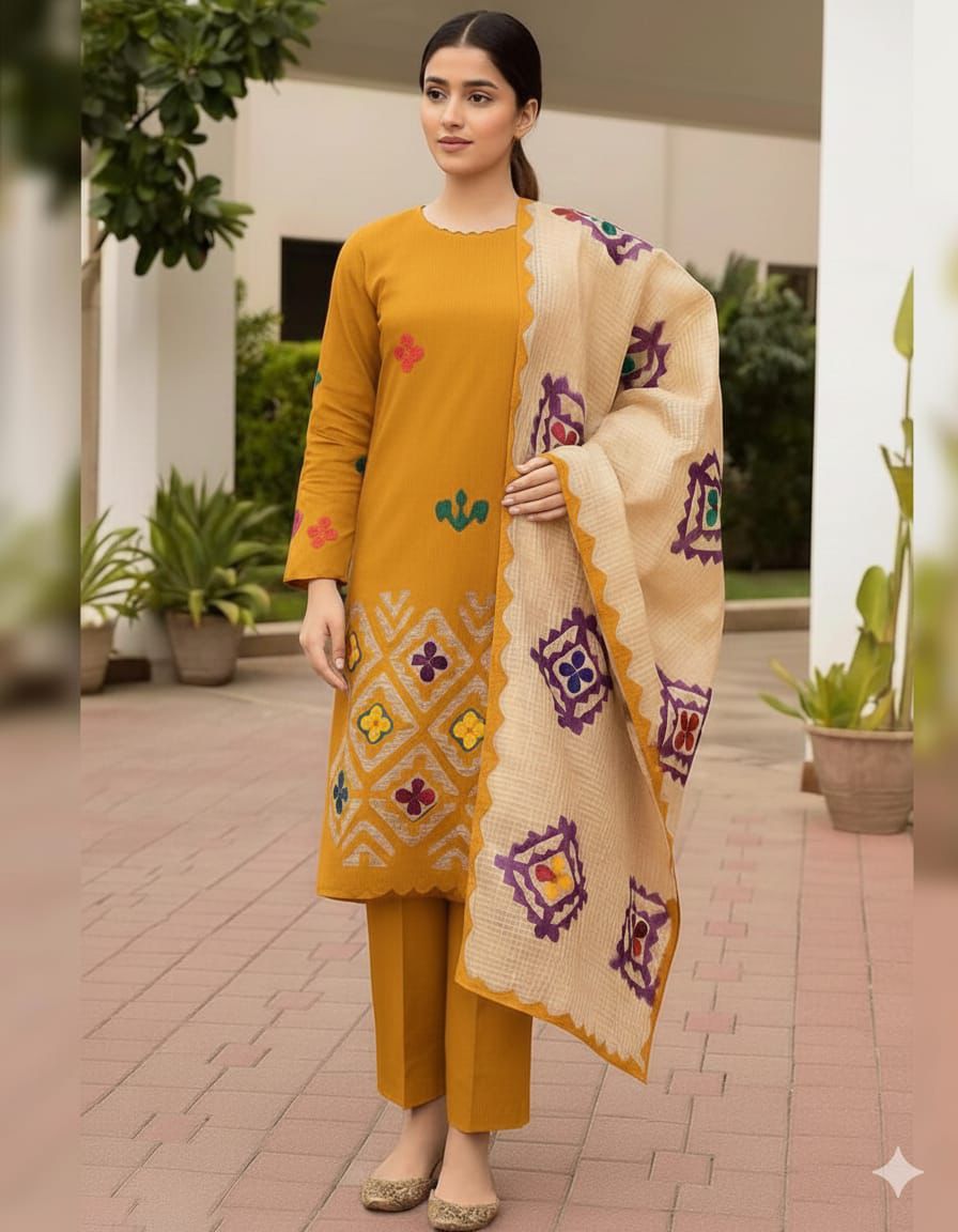 KHADDAR EMBROIDERED APPLIC JAAL WORK UNSTITCED 3pice