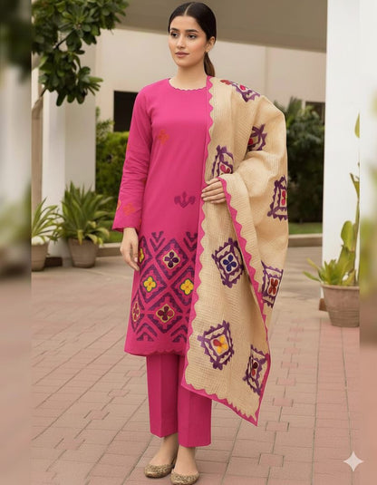 KHADDAR EMBROIDERED APPLIC JAAL WORK UNSTITCED 3pice