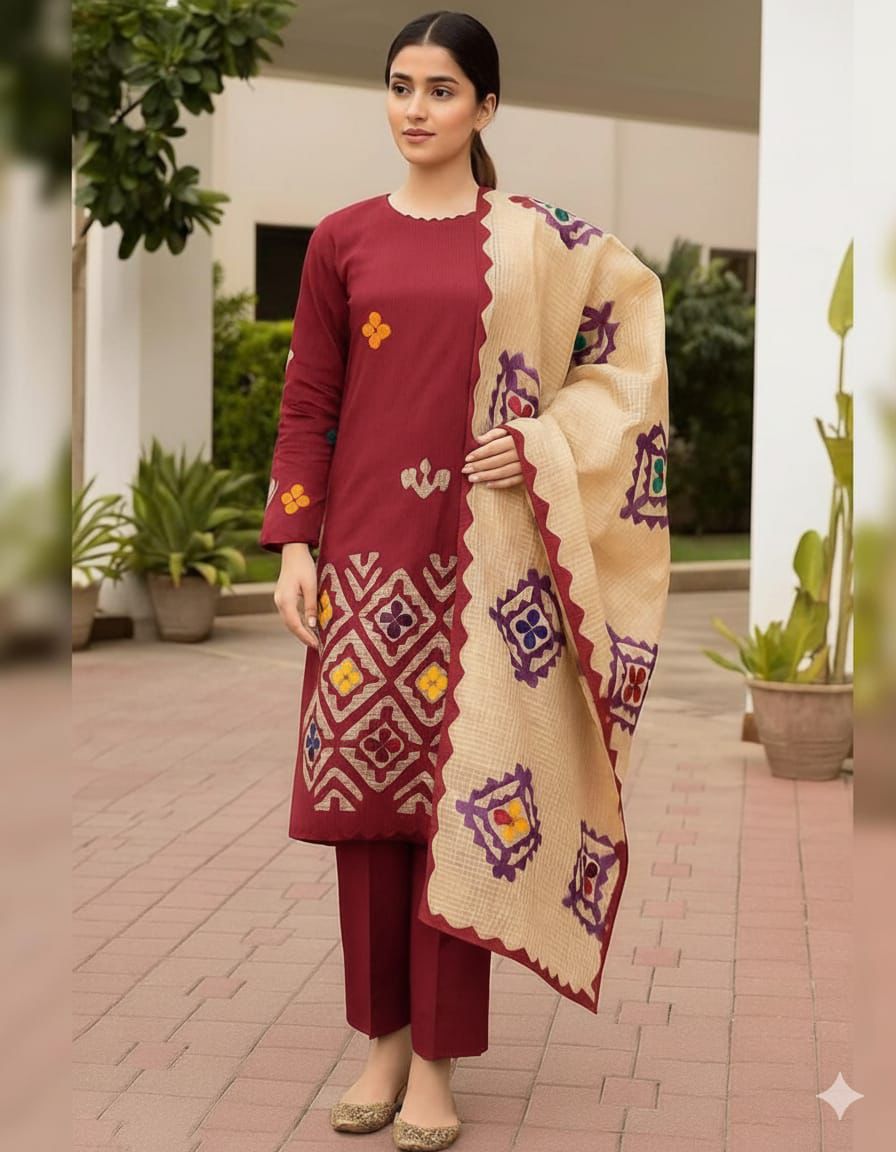 KHADDAR EMBROIDERED APPLIC JAAL WORK UNSTITCED 3pice
